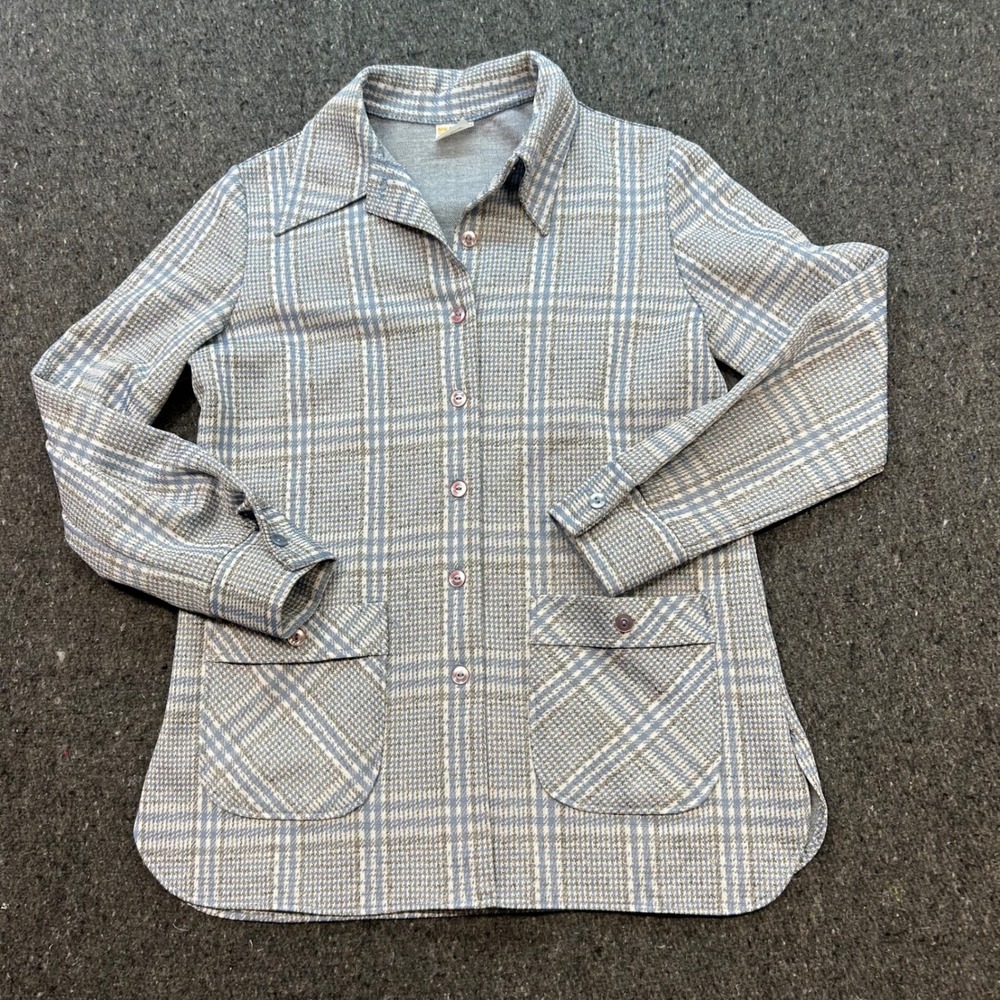 JC Penney Vintage Chore 70s Womens Blue Plaid Knit‎ Button Up Shirt Jacket